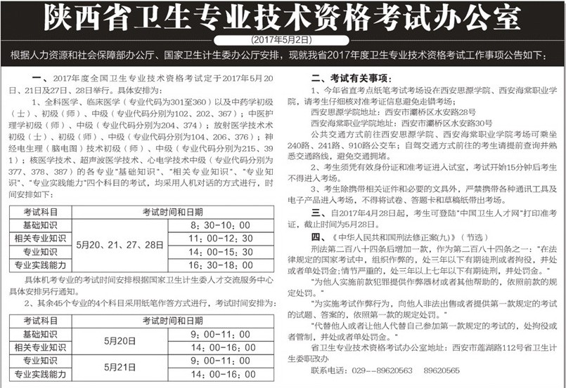 陜西省2017年衛(wèi)生資格考試時(shí)間及地點(diǎn)安排等通知