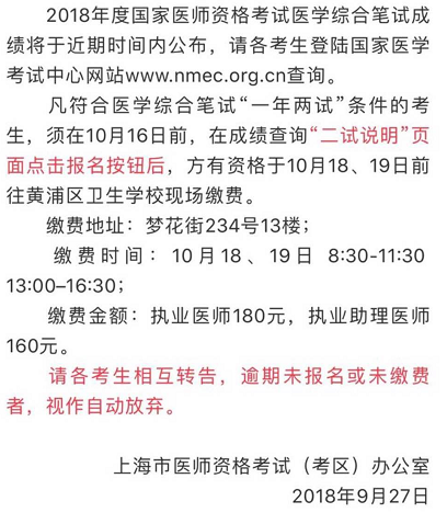 上海市2018年醫(yī)師資格考試成績查詢?nèi)肟诩岸噲竺U費通知