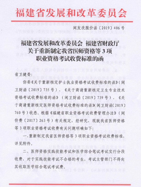 福建省醫(yī)師資格等3項職業(yè)資格考試收費標準1