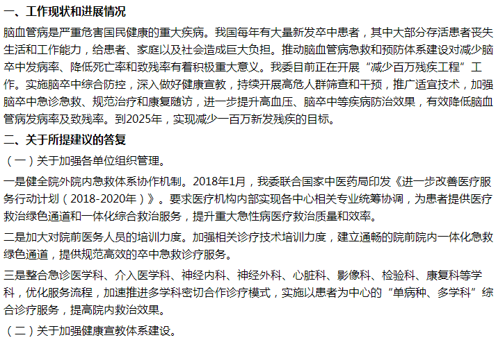 國家衛(wèi)健委關(guān)于加強腦卒中急救體系建設(shè)的建議答復(fù)！