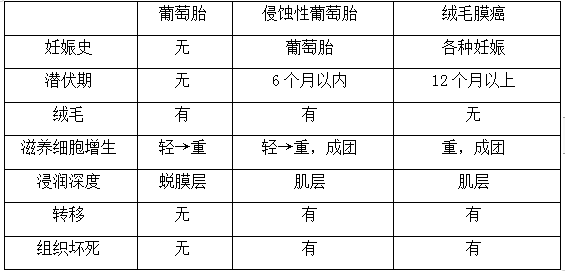 絨癌、侵蝕性葡萄胎、葡萄胎的鑒別