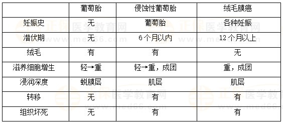 絨癌、侵蝕性葡萄胎、葡萄胎的鑒別